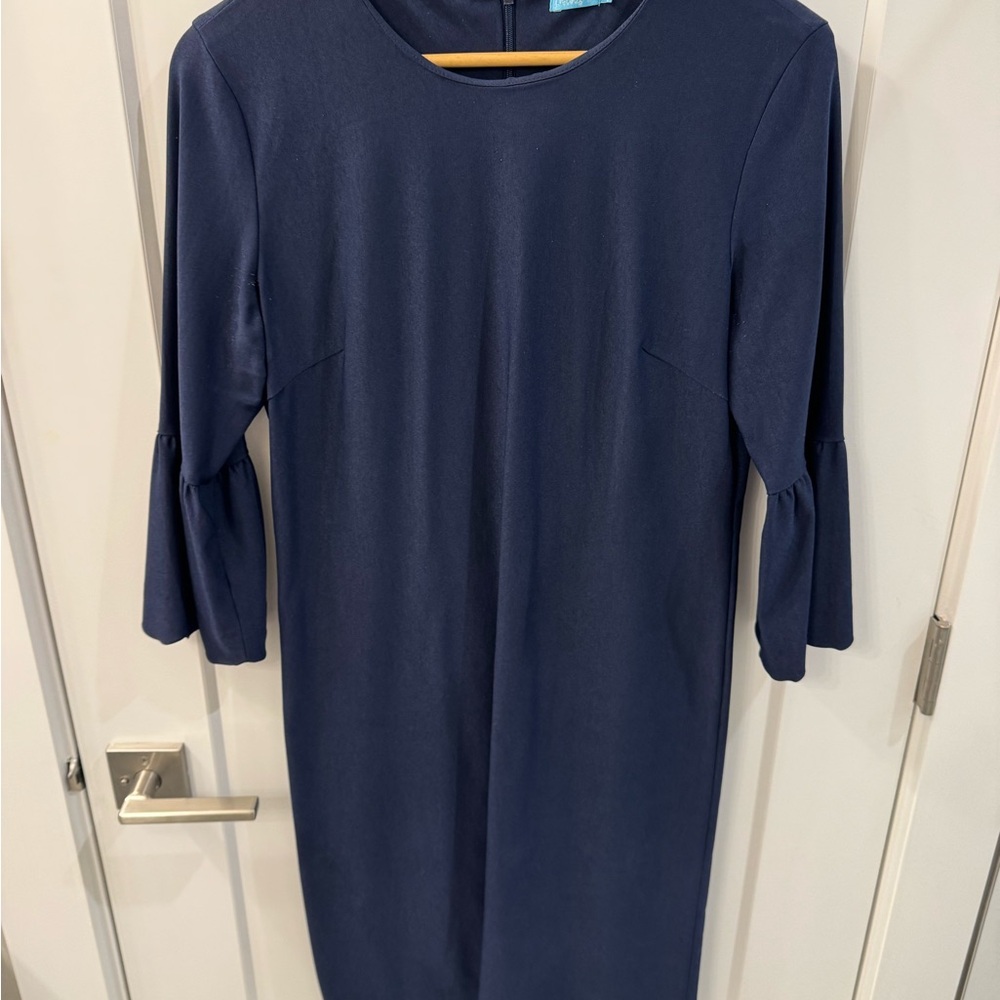 J. McLaughlin Classic Navy 3/4 Sleeve Dress, Scalloped sleeves/hem